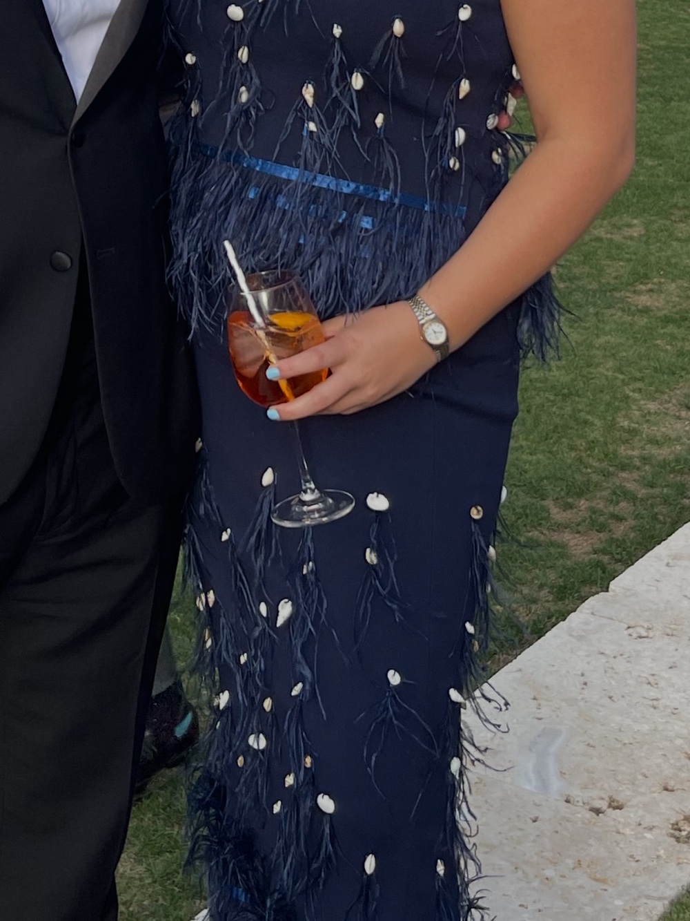 STAUD Kristin Ostrich Feather & Shell Strapless Navy Midi Set, TOP & SKIRT - Picture 4 of 11